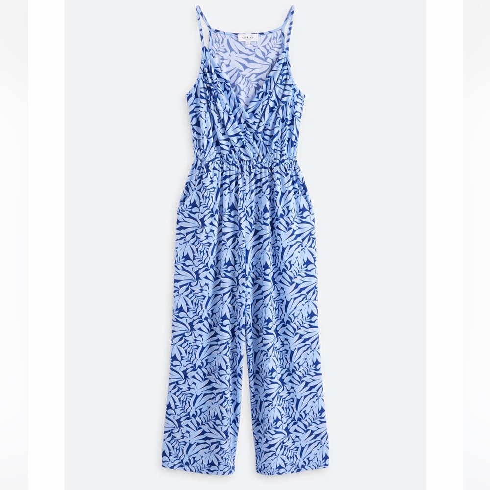 Gilli Mimi Spaghetti‎ Strap Jumpsuit Blue Leaf Print Jumpsuit LP New With Tags